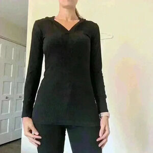 Nevada, hooded ribbed long sleeve shirt, V  Neck, Black, Size Small